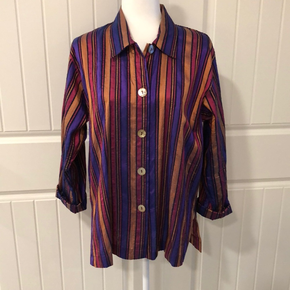 VTG LisBETH Olso Silk Dupioni Striped Shell Button Front Blouse